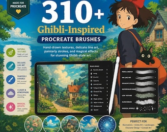 Paquete de más de 310 pinceles para Procreate al estilo Ghibli: la mejor selección de pinceles para pintura, naturaleza, nubes, follaje, acuarela y arte digital inspirados en Studio Ghibli.