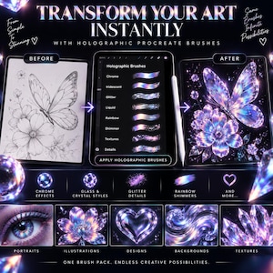 K&ouml;nnte beinhalten: Eine digitale Kunstanzeige mit holografischen Procreate-Pinseln, die Vorher-Nachher-Beispiele einer Schmetterlingsillustration zeigt. Die Benutzeroberfl&auml;che listet Pinseltypen wie Chrome, Iridescent und Glitter auf, mit Texturbeispielen, Herzformen und Blumenmustern in leuchtenden Violett- und Blaut&ouml;nen.