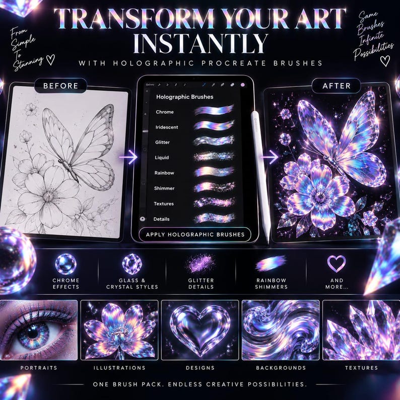 K&ouml;nnte beinhalten: Eine digitale Kunstanzeige mit holografischen Procreate-Pinseln, die Vorher-Nachher-Beispiele einer Schmetterlingsillustration zeigt. Die Benutzeroberfl&auml;che listet Pinseltypen wie Chrome, Iridescent und Glitter auf, mit Texturbeispielen, Herzformen und Blumenmustern in leuchtenden Violett- und Blaut&ouml;nen.