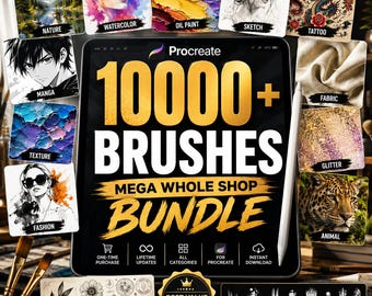 Más de 10 000 pinceles para Procreate - Paquete completo de la tienda / Ideal para dibujar, pintar, texturizar, estampar, dibujar con acuarelas, hacer tatuajes de manga y usar en Procreate para iPad.