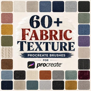 Puede incluir: Una colección digital de 60+ pinceles de textura de tela para Procreate con una cuadrícula de varias muestras textiles en colores que incluyen beige, azul, gris, negro, rosa, amarillo, verde, marrón y morado, con el texto 60+ FABRIC TEXTURE PROCREATE BRUSHES.