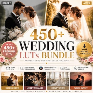 Peut inclure: Une publicité pour un lot de 450+ LUTs de mariage avec des photos avant et après d'un couple, des étiquettes de compatibilité logicielle et quatre images d'exemple intitulées Golden Hour, Moody Romance, Luxury White et Warm Sunset.