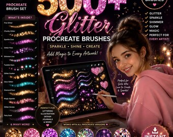 Paquete de más de 500 pinceles y sellos con purpurina para Procreate / Efectos de brillo, destello y resplandor para caligrafía en arte digital