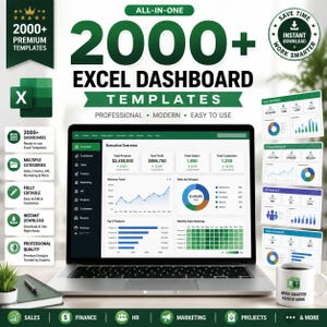 May include: A laptop screen displaying an executive overview dashboard with charts and data. The text reads 2000+ EXCEL DASHBOARD TEMPLATES, PROFESSIONAL, MODERN, EASY TO USE. Includes icons for sales, finance, HR, marketing, and projects.