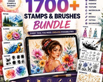 Paquete de más de 1700 sellos y pinceles para Procreate / Herramientas de arte digital premium / Paquete de sellos creativos para dibujo, pintura y texturas para Procreate