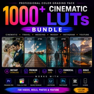 Op de afbeelding: Een promotionele afbeelding voor een kleurcorrectiepakket met de tekst "1000+ Cinematic LUTs Bundle". De afbeelding toont voor- en na-voorbeelden van foto- en videobewerking, met pictogrammen voor verschillende bewerkingssoftware. Het pakket is voor video's, reels, foto's en YouTube.