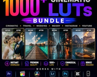 Paquete de más de 1000 LUTs cinematográficos profesionales para edición de video, paquete de corrección de color para Premiere Pro, DaVinci Resolve, Final Cut Pro y Photoshop.