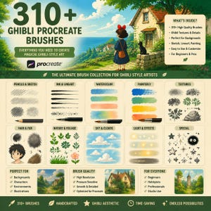 310+ Ghibli Style Procreate-penselpaket – Ultimat Studio Ghibli-inspirerat måleri, natur, moln, lövverk, akvarell och digital konstpensel bild 5