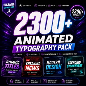 Könnte beinhalten: Eine digitale Grafik für ein 2300+ animiertes Typografie-Paket mit violetten und blauen Neonlichteffekten auf dunklem Hintergrund. Der Text enthält "2300+ ANIMATED TYPOGRAPHY PACK", "DYNAMIC TITLES", "BREAKING NEWS", "MODERN DESIGN" und "TRENDING EVERYWHERE".