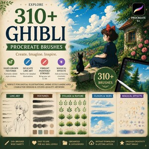 310+ Ghibli Style Procreate-penselpaket – Ultimat Studio Ghibli-inspirerat måleri, natur, moln, lövverk, akvarell och digital konstpensel bild 6