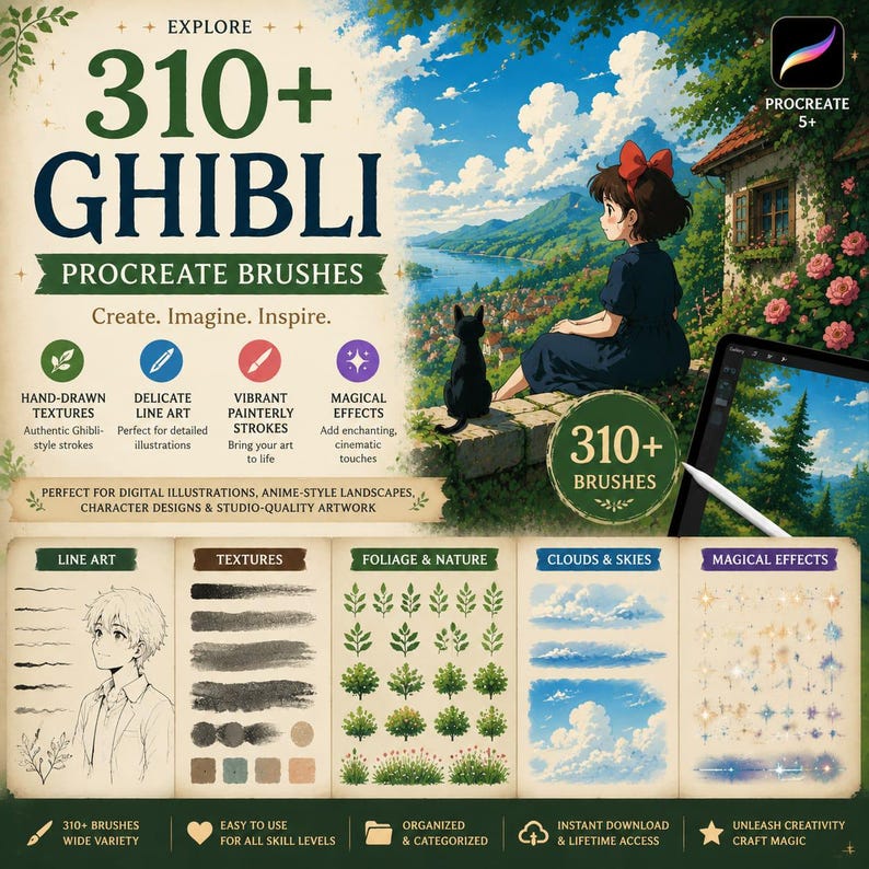 310+ Ghibli Style Procreate-penselpaket – Ultimat Studio Ghibli-inspirerat måleri, natur, moln, lövverk, akvarell och digital konstpensel bild 6