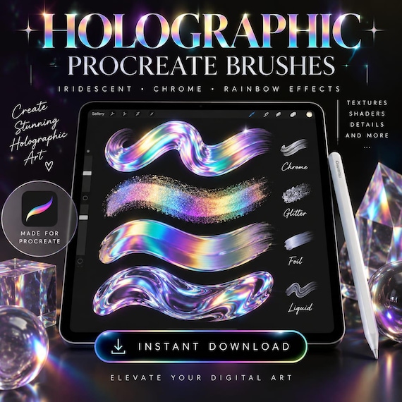 Holographic Procreate Brushes Bundle, Iridescent Rainbow Glow, Shimmer Effect Stamps, Digital Art Brushes, Sparkle Texture Brush Set