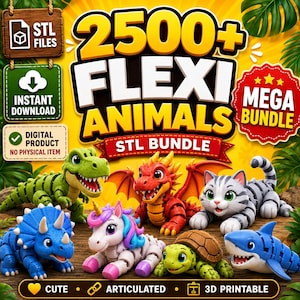 Könnte beinhalten: Ein digitales Produktpaket mit über 2500 STL-Dateien für 3D-druckbare, bewegliche Flexi-Tiere. Die Grafik zeigt einen grünen Dinosaurier, einen roten Drachen, eine graue Katze, einen blauen Triceratops, ein Einhorn, eine Schildkröte und einen Hai.