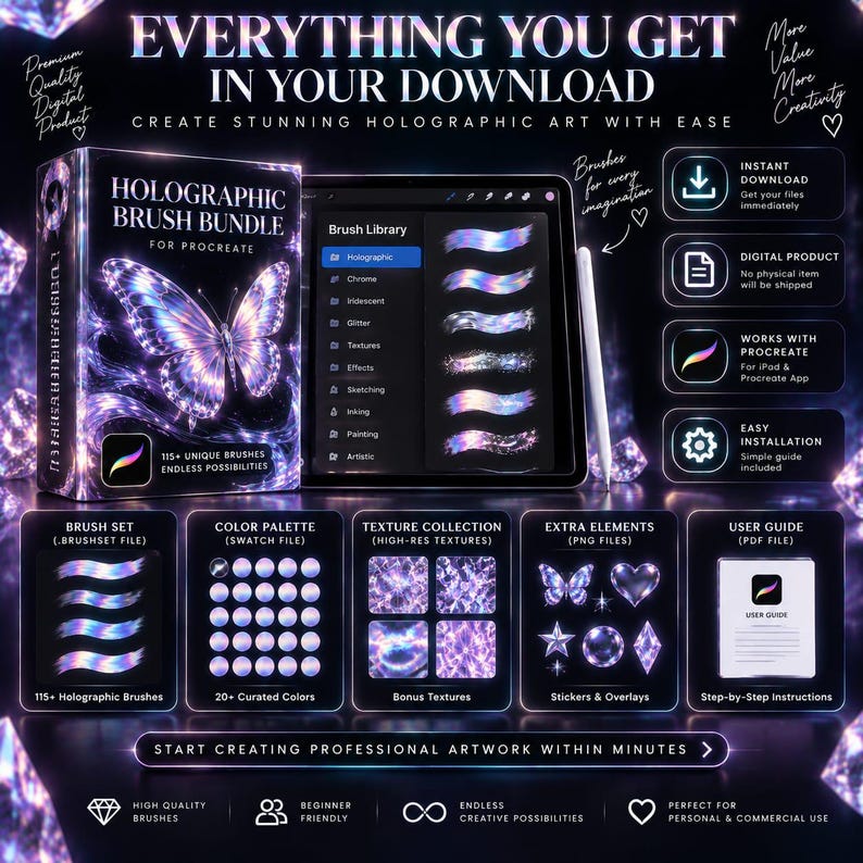 K&ouml;nnte beinhalten: Ein digitales holografisches Pinsel-Set f&uuml;r Procreate mit einer Schmetterlingsgrafik, einem Tablet mit Pinselbibliothek sowie Symbolen f&uuml;r Sofort-Download, digitale Dateien, Procreate-Kompatibilit&auml;t und Installationsanleitungen mit Farbpaletten.