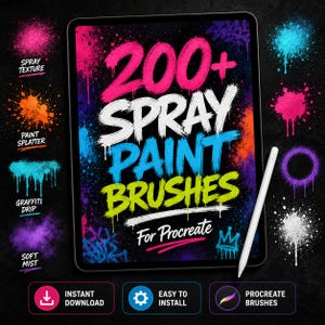Pode incluir: Uma tela de tablet digital exibe o texto 200+ SPRAY PAINT BRUSHES For Procreate em letras estilo grafite nas cores rosa, branco, azul e verde-limão. Uma caneta stylus branca repousa sobre a tela, cercada por várias amostras de respingos de tinta.