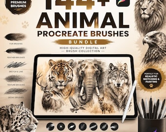 Paquete de más de 144 pinceles de animales para Procreate / Pinceles para dibujar fauna, mascotas, pelo y plumas / Set de sellos para ilustración de naturaleza para iPad