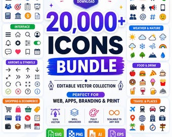 May include: A digital bundle of 20,000+ icons featuring categories like business, interface, arrows, shopping, social, weather, food, and travel. The graphic includes text labels such as Instant Download, Editable Vector Collection, and file formats SVG, PNG, AI, and EPS.
