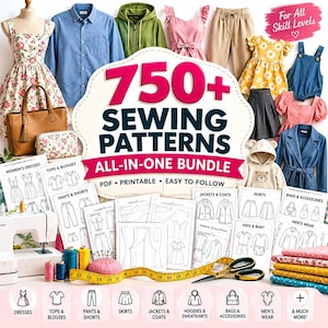 Pode incluir: Um pacote digital de mais de 750 moldes de costura com peças como vestidos, camisas, jaquetas e saias. Inclui documentos PDF imprimíveis, uma máquina de costura, carretéis de linha, uma almofada de alfinetes e uma fita métrica amarela.