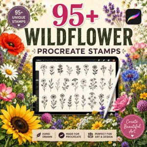 Puede incluir: Una tableta digital que muestra una colección de sellos de flores silvestres en blanco y negro para Procreate. La pantalla muestra varias ilustraciones florales. El texto dice 95+ UNIQUE STAMPS, 95+ WILDFLOWER PROCREATE STAMPS y Create Beautiful Art.