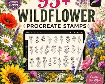 Paquete de más de 90 sellos de flores silvestres para Procreate: pinceles botánicos de flores para arte digital, ilustración floral, kit de herramientas de dibujo de naturaleza para iPad y Procreate.