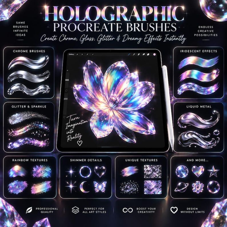 K&ouml;nnte beinhalten: Ein digitales Display mit holografischen Procreate-Pinseln und Texten wie HOLOGRAPHIC PROCREATE BRUSHES, Create Chrome, Glass, Glitter & Dreamy Effects Instantly und Turn Imagination into Reality, inklusive einer irisierenden Blume.
