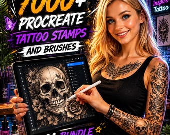 Mega Tattoo Creator Pack: más de 7000 sellos y pinceles para tatuajes en Procreate para diseños de tinta personalizados y arte flash profesionales.