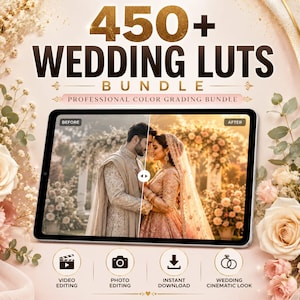 May include: A digital tablet displays a split-screen comparison of a wedding couple, labeled 'BEFORE' and 'AFTER'. The text '450+ WEDDING LUTS BUNDLE' and 'PROFESSIONAL COLOR GRADING BUNDLE' appears above. Icons for video, photo, download, and wedding look are below.