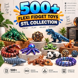 500+ Flexi Fidget Toys STL-paket, 3D-utskriftsfiler, Ledade leksaker, Flexibla STL-modeller, Fidget Toys-samling, 3D-utskriftsfiler