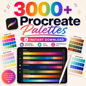 May include: A digital collection of 3000+ Procreate palettes featuring a tablet displaying colour swatches, a white stylus, and various colour cards labelled Vibrant Pop, Earthy Tones, Pastel Dreams, and Ocean Breeze with text overlays.