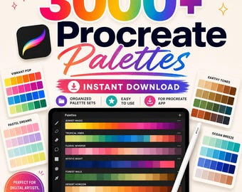 Könnte beinhalten: Eine digitale Sammlung von 3000+ Procreate-Paletten mit einem Tablet, das Farbfelder anzeigt, einem weißen Eingabestift und verschiedenen Farbkarten mit den Bezeichnungen Vibrant Pop, Earthy Tones, Pastel Dreams und Ocean Breeze.