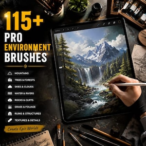May include: A digital tablet displaying a landscape painting of snow-capped mountains, a waterfall, and a forest. Text on the left reads 115+ PRO ENVIRONMENT BRUSHES, listing categories like mountains, trees, forests, skies, clouds, water, rivers, rocks, cliffs, grass, foliage, ruins, structures, textures, and details.