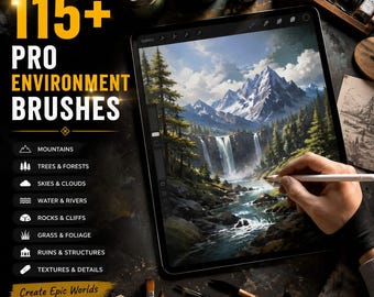 Paquete completo de más de 115 pinceles de entorno para Procreate / Pinceles de sellos de naturaleza, árboles, nubes, montañas y paisajes para arte digital
