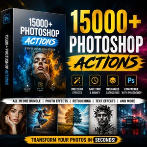 Könnte beinhalten: Eine digitale Produktbox für 15000+ Photoshop-Aktionen mit dem Porträt einer Person, umgeben von blauem und orangefarbenem Rauch. Das Design enthält Text, Symbole für Ein-Klick-Effekte, Zeitersparnis-Funktionen und Beispiele für Fotobearbeitung.