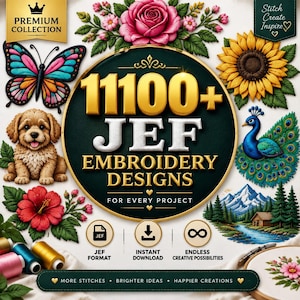 Puede incluir: Una colección digital de 11100+ diseños de bordado JEF con un emblema circular verde oscuro y texto dorado, rodeado de ilustraciones de una mariposa, girasol, cachorro, pavo real, hibisco y un paisaje de montaña con una cabaña.