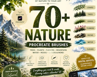 70+ Nature Procreate-penselpaket | Botaniska, skogs-, lövverks-, träd-, gräs- och landskapspenslar för digitala konstnärer | Direktnedladdning