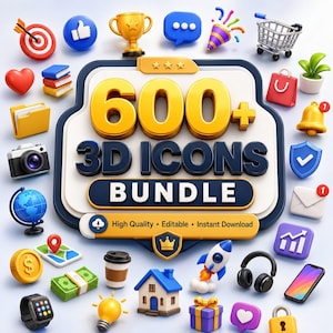 Könnte beinhalten: Eine digitale Grafik mit dem Text 600+ 3D ICONS BUNDLE, High Quality, Editable, Instant Download. Das zentrale Abzeichen ist von verschiedenen 3D-Symbolen umgeben, darunter ein Pokal, ein Einkaufswagen, eine Kamera, ein Globus und ein Geschenk.