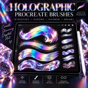 K&ouml;nnte beinhalten: Ein digitales Tablet mit holografischen Procreate-Pinseln in irisierenden, chromfarbenen, regenbogenfarbenen und vertr&auml;umten Texturen. Der Bildschirm zeigt verschiedene bunte, leuchtende Pinselstriche und einen Eingabestift. Text: HOLOGRAPHIC PROCREATE BRUSHES.
