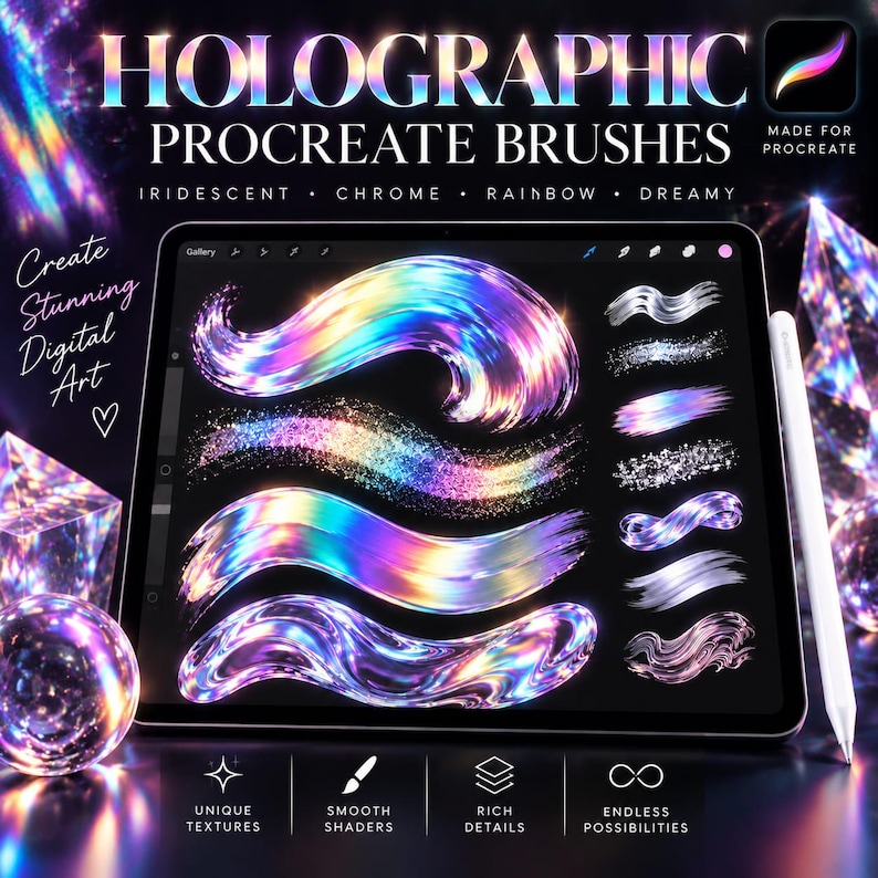 K&ouml;nnte beinhalten: Ein digitales Tablet mit holografischen Procreate-Pinseln in irisierenden, chromfarbenen, regenbogenfarbenen und vertr&auml;umten Texturen. Der Bildschirm zeigt verschiedene bunte, leuchtende Pinselstriche und einen Eingabestift. Text: HOLOGRAPHIC PROCREATE BRUSHES.