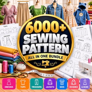 May include: A digital collection of 6000+ sewing patterns in an all-in-one bundle, featuring printed instruction sheets for tops, dresses, trousers, and jackets, alongside sewing supplies like thread spools, a pincushion, and scissors.