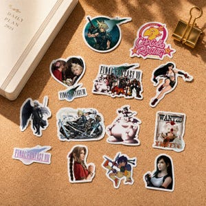 May include: A collection of Final Fantasy VII themed vinyl stickers featuring various characters including Cloud Strife, Tifa Lockhart, Sephiroth, and a Chocobo Racing logo. The stickers display diverse scenes, character portraits, and the game title text.