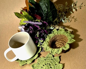Crochet Succulent Coaster Set with Basket Holder | Handmade Plant Coasters | Cottagecore Home Decor