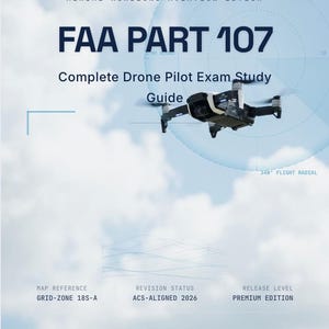 May include: A book cover for the FAA Part 107 Complete Drone Pilot Exam Study Guide. The cover features a drone, a blue circular graphic, and text including "2026 Edition" and "250 Practice Questions".