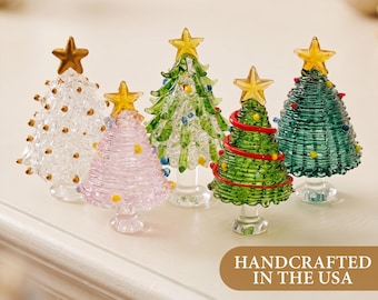Hand Blown Glass Christmas Tree Figurine, Mini Glass Xmas Tree, Colorful Holiday Table Decor, Hessa Christmas Gift