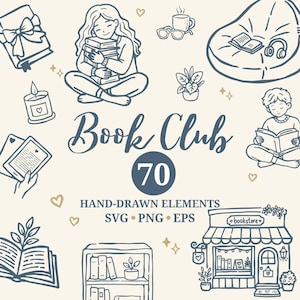 Hand Drawn Book Club Clipart Bundle, Cozy Library Doodle Elements (Digital Download)