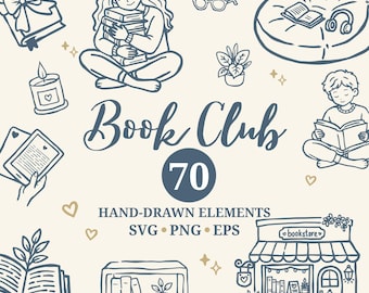 Handgetekende boekenclub clipartbundel, gezellige bibliotheek doodle elementen (digitale download)
