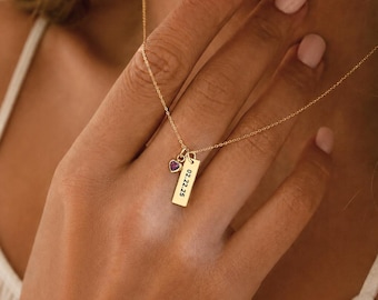 Bar Necklace with Engraving , Heart Birthstone Name Necklace,  Multiple Name Necklace, Birthday Gift , Gift For Mom, Christmas Gifts For Her