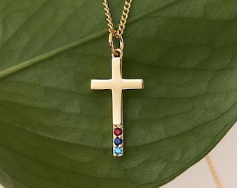 Cross Birthstone Necklace, Dainty Cross Necklace, Christian Necklace, Baptism Jewelry, Family Birthstone necklace, Gift For Mom