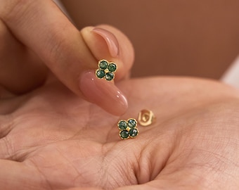 Mini Moss Agate Stud Earrings , Four-Leaf Clover Earrings, Natural Green Gemstone Earrings, Bridesmaid Gifts, Lucky Gift for Her
