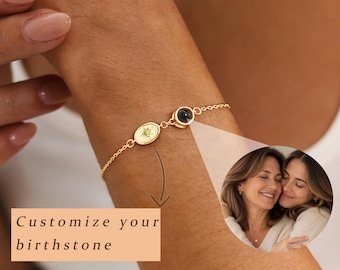 Personalized Photo Pendant Bracelet, Custom Gold Birthstone Bracelet, Memory Bracelet With Picture, Gifts For Mom , Birthday Gifts For Her