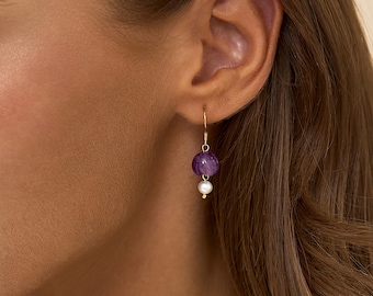Amethyst Flower And Pearl Earrings ,Tulip Earrings, Flower Drop Earrings, Gemstone Jewelry, Gift For Her, Anniversary Gift, Gift For Mom